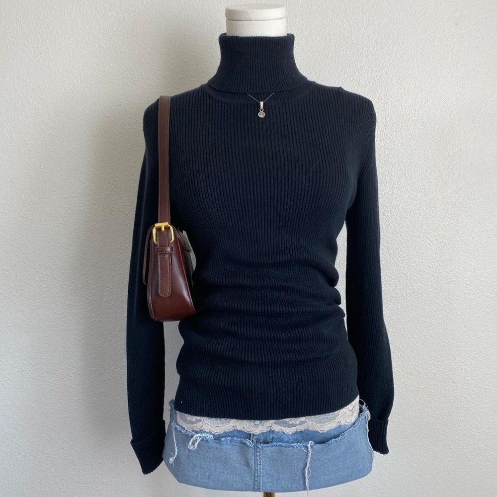 Y2K Old Navy Black Ribbed Turtleneck Long Sleeve Sweater Top Preppy Minimalist